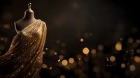Elegant one-shoulder gold sequin gown on mannequin against dark background with bokeh lights, showcasing luxury fashion design.