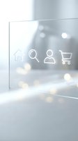 Transparent glass panel with white e-commerce icons including home, search, user profile and shopping cart on blurred bokeh background for digital business.