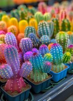 Vibrant rainbow colored cactus collection in small pots, featuring neon pink, purple, blue, yellow and green specimens with prominent spines, arranged in nursery containers.