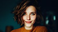 Young woman with short wavy brown hair and bright blue eyes smiling warmly in orange sweater against dark teal background.