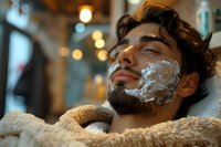 Young Hispanic man with shaving cream on face relaxing in barber chair, eyes closed, wrapped in warm towel. Professional grooming and self-care concept in modern barbershop.