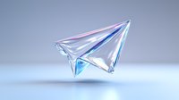 Iridescent crystal paper airplane glowing with holographic rainbow colors against soft gray background, modern minimal design concept for innovation and creativity.