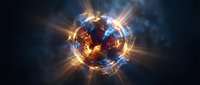 Glowing energy sphere with electric lightning bolts and bright light rays bursting outward against dark cosmic background for sci-fi designs.