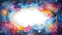 Cosmic watercolor frame with swirling galaxies, stars and nebula clouds creating decorative border on white background for space-themed designs.