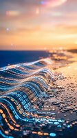 Digital wave flowing with binary code data stream at golden sunset representing technology transformation and cyber innovation in modern computing.