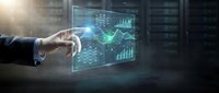 Businessman hand touching holographic financial data display with glowing charts and graphs for stock market analysis and digital trading.