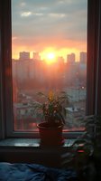 Potted plant on windowsill silhouetted against dramatic urban sunset with high-rise buildings and warm orange sky, creating cozy atmospheric mood.