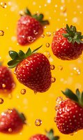 Fresh ripe strawberries floating with water drops against vibrant yellow background, macro shot with selective focus and bokeh effect for food design.