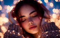 Young Asian woman with closed eyes and glowing makeup against blurred bokeh lights background, wearing sparkly winter clothing, creating dreamy atmosphere.