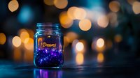 Glowing mason jar with magical purple lights and bokeh effect against dark background creates dreamy atmospheric mood. Perfect for fantasy concepts.