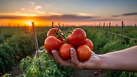Fresh ripe tomatoes held in hands at sunset in agricultural field with golden sky background showcasing organic farming and harvest season produce.