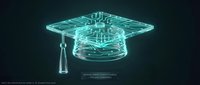 Digital graduation cap with circuit board pattern in glowing cyan holographic style representing online education and technology learning concepts.