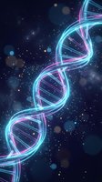 Glowing DNA double helix structure with neon blue and pink light effects against starry space background for genetics and biotechnology concepts.