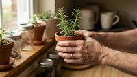 Senior man hands holding small rosemary plant in terracotta pot on wooden kitchen windowsill with herbs for indoor gardening and cooking.