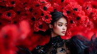 Young Asian woman in black lace dress against vibrant red poppies background, dramatic fashion portrait with dark romantic aesthetic and moody lighting.