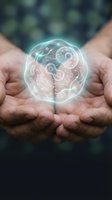 Cupped hands holding glowing transparent sphere with microorganisms and bacteria symbols for healthcare education and medical research presentations.