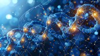 Abstract visualization of DNA structure with glowing network connections and light effects on blue background, perfect for genetics and biotechnology presentations.