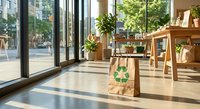 Eco-friendly paper shopping bag with recycling symbol on wooden floor in modern sustainable retail store interior with natural lighting and green plants.