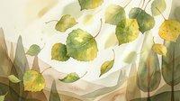 Watercolor autumn leaves falling gently through soft sunlight with warm golden and green tones creating peaceful seasonal atmosphere.