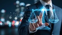 Businessman touching glowing digital justice scales hologram representing legal technology, law firm innovation, and digital transformation in legal services.