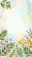 Watercolor cooking border with olive branches, garlic, lemon slices, and oil bottle on cream background. Isolated design element suitable for recipe cards, menus, and culinary branding projects.
