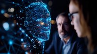 Digital hologram face made of blue glowing dots and lines floating in dark space while business professionals analyze artificial intelligence data.