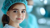 Young girl wearing teal medical cap smiling gently at camera in hospital setting with soft bokeh background, representing healthcare and pediatric care.