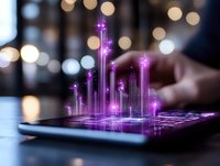Glowing purple holographic city skyline emerging from smartphone screen with bokeh light effects in background, representing digital transformation and smart cities.