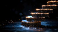 Glowing spiral staircase with magical golden sparkles and light particles floating in dark space, creating mystical ascending path against black background.