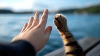 Human hand and cat paw touching against blurred lakeside background, symbolizing connection between person and pet during outdoor adventure.