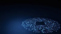 Digital circuit board with glowing connections and central processor chip on dark blue background for technology and electronics design projects.