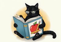 Black cat wearing glasses reading book with apple and pencil illustration on isolated background, suitable for educational materials, children's content, and design projects.