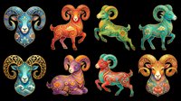 Colorful ornate Aries ram zodiac set, isolated on transparent background, ready for stickers, clipart, sublimation, t-shirt design, and print on demand use.