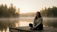 Young woman in cozy sweater sitting peacefully on wooden dock at misty lake during golden hour sunrise, enjoying tranquil morning meditation and nature solitude.