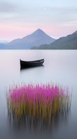 Serene mountain lake at dawn with wooden boat and vibrant purple wildflowers in still water, misty peaks reflecting soft pink morning light. Perfect for wellness designs.