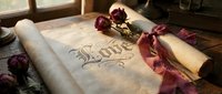 Vintage parchment scroll with gothic calligraphy love inscription, dried roses, and ribbon on rustic wooden table near window.