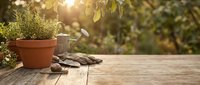 Rustic wooden table with terracotta pot, gardening gloves and tools in warm sunlight. Natural outdoor workspace for planting and garden projects.
