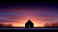 Solitary house silhouette against dramatic purple and orange sunset sky with bare winter trees creating peaceful rural landscape scene.