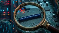 Magnifying glass examining computer circuit board with glowing data and code, representing cybersecurity analysis, digital forensics, and technology inspection for business and IT concepts.