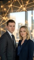 Professional business partners standing in modern office with geometric lighting design for corporate presentations and marketing materials.