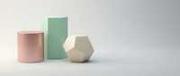 Geometric shapes in pastel colors including pink cylinder, green rectangular prism, and cream hexagon on neutral background for modern design projects.