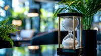 Elegant hourglass timer with brass frame on modern office desk surrounded by green plants creating peaceful workspace atmosphere for time management concepts.