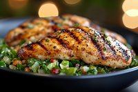 Grilled salmon fillet with charred grill marks served on fresh herb salad bed, garnished with chopped parsley and seasonings against blurred warm bokeh background.