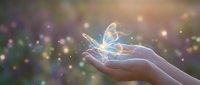 Hand holding glowing magical butterfly with sparkling light particles, ethereal fantasy concept for wellness, spirituality, hope, and transformation themes.