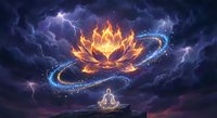 Mystical lotus flower surrounded by cosmic energy ring with lightning in stormy sky above meditating figure. Spiritual awakening and enlightenment concept.