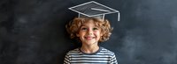 Cheerful curly-haired child wearing striped shirt with digital graduation cap overlay against dark chalkboard background, representing education and academic achievement.