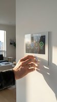 Hand touching smart home control panel on wall with energy saving icons and modern interior automation system for sustainable living.