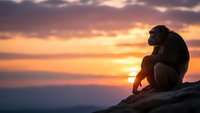 Silhouette of contemplative primate sitting on rocky outcrop against dramatic sunset sky with golden and purple clouds creating peaceful meditation scene.