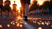 Silhouette of runner's feet on illuminated path at golden sunset with magical bokeh lights scattered on ground, creating dreamy atmosphere for sports motivation.