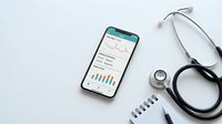 Smartphone displaying medical health data charts and graphs on screen with stethoscope on white background for healthcare technology applications.